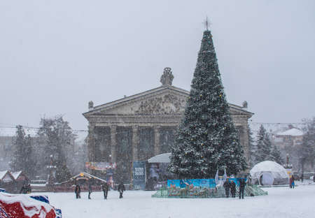 Ternopil, Ukraine 05/01/2020. Theater square in Ternopol, Ukraine, on a snowy winter morning before Orthodox Christmasのeditorial素材