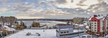 Ternopil, Ukraine 05/01/2020. Panoramic view of Ternopil pond and castle in Ternopol, Ukraine, on a snowy winter morningのeditorial素材