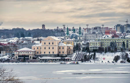 Ternopil, Ukraine 05/01/2020. Panoramic view of Ternopil pond and castle in Ternopol, Ukraine, on a...