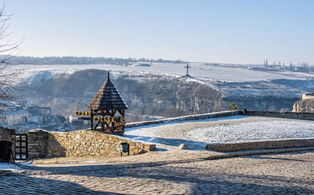 Kamianets-Podilskyi, Ukraine 07/01/2020. Castle street in the Kamianets-Podilskyi old town on a sunny winter morningのeditorial素材