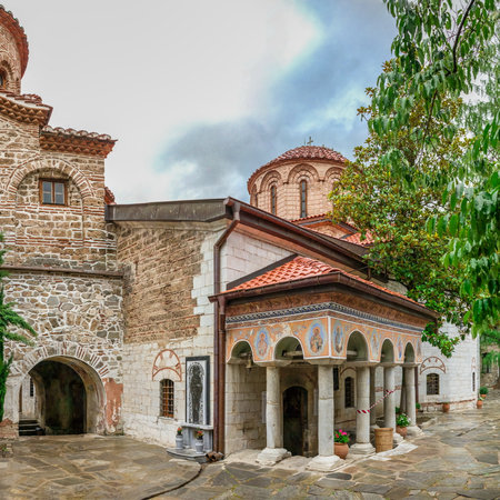 Asenovgrad, Bulgaria 07/24/2019. The Cathedral Church of the Virgin Mary in the Bachkovo Monastery of the Dormition of the Theotokos or Assumption of holy virgin in southern Bulgaria, on a cloudy summer dayのeditorial素材