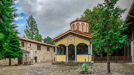 Asenovgrad, Bulgaria 07/24/2019. The Temple of the St. Nicolas in the Bachkovo Monastery of the Dormition of the Theotokos or Assumption of holy virgin in southern Bulgaria, on a cloudy summer dayのeditorial素材