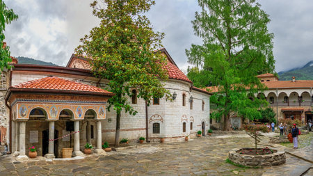 Asenovgrad, Bulgaria 07/24/2019. The Cathedral Church of the Virgin Mary in the Bachkovo Monastery of the Dormition of the Theotokos or Assumption of holy virgin in southern Bulgaria, on a cloudy summer dayのeditorial素材