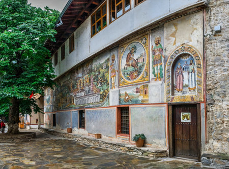 Asenovgrad, Bulgaria 07/24/2019. The Panorama mural of the Bachkovo Monastery of the Dormition of...