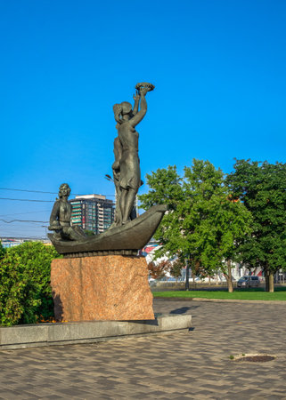 Dnipro, Ukraine 07.18.2020. Sculpture Youth of the Dnieper on the Dnipro embankment on a sunny summer morningのeditorial素材