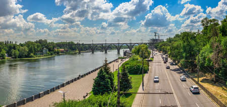 Dnipro, Ukraine 07.18.2020. Big size panoramic view of the Dnieper river and embankment of Dnipro in Ukraine a sunny summer morningのeditorial素材