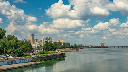 Dnipro, Ukraine 07.18.2020. Big size panoramic view of the Dnieper river and embankment of Dnipro in Ukraine on a sunny summer morningのeditorial素材