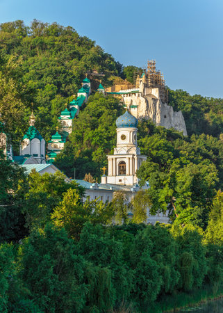 Svyatogorsk, Ukraine 07.16.2020. Panoramic view of the Holy Mountains Lavra of the Holy Dormition in Svyatogorsk or Sviatohirsk, Ukraine, on a sunny summer morningのeditorial素材
