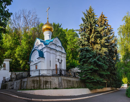Svyatogorsk, Ukraine 07.16.2020. Chapel of the Monks Arseny and Herman of Svyatogorsk, Svyatogorsk Lavra, Ukraine, on a sunny summer morningのeditorial素材