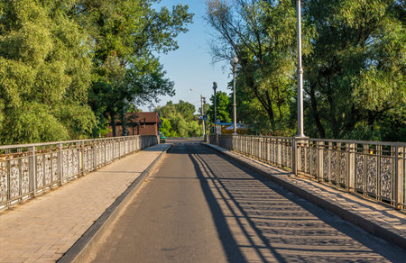 Svyatogorsk, Ukraine 07.16.2020. Svyatogorsk bridge near the Holy Mountains Lavra in Svyatogorsk or Sviatohirsk, Ukraine, on a sunny summer morningのeditorial素材
