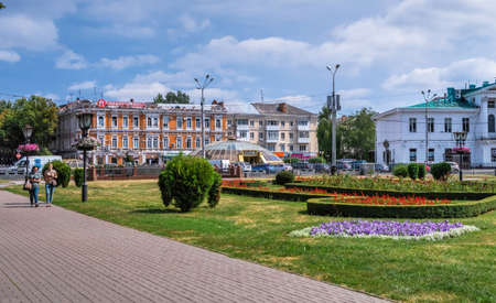 Poltava, Ukraine 07.13.2020. Historical buildings on the main pedestrian street of Poltava, Ukraine, on a sunny summer dayのeditorial素材