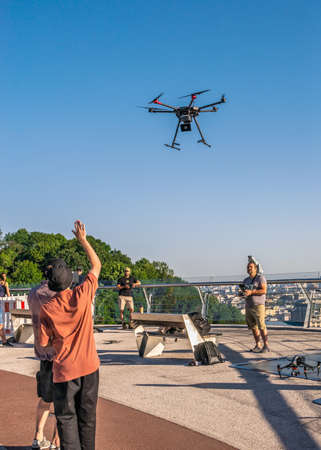 Kyiv, Ukraine 07.11. Pedestrian glass bridge in Kyiv, Ukraine, on a sunny summer morningのeditorial素材