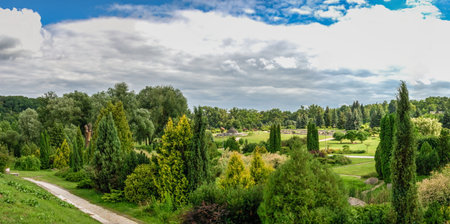 Kyiv, Ukraine 09/07/2020. Feofaniia Park and the Cathedral of St. Panteleimon in Kyiv, Ukraine, on a sunny summer dayのeditorial素材