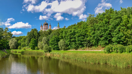 Kyiv, Ukraine 09/07/2020. Feofaniia Park and the Cathedral of St. Panteleimon in Kyiv, Ukraine, on a sunny summer dayのeditorial素材