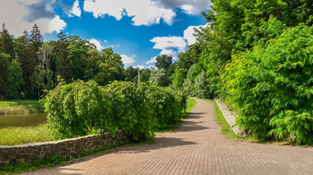 Kyiv, Ukraine 09/07/2020. Feofaniia Park and the Cathedral of St. Panteleimon in Kyiv, Ukraine, on a sunny summer dayのeditorial素材