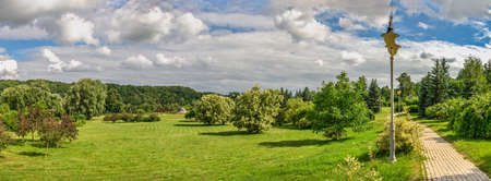 Kyiv, Ukraine 09/07/2020. Feofaniia Park and the Cathedral of St. Panteleimon in Kyiv, Ukraine, on a sunny summer dayのeditorial素材
