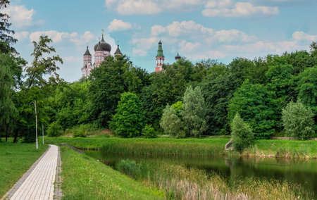 Kyiv, Ukraine 09/07/2020. Feofaniia Park and the Cathedral of St. Panteleimon in Kyiv, Ukraine, on a...