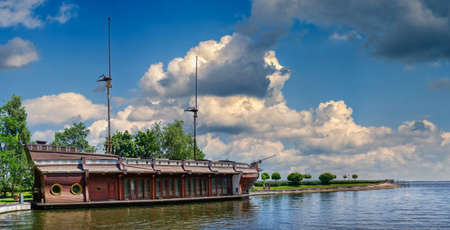 Kyiv, Ukraine 07.10. Wooden Galleon barge or ship restaurant in the Mezhyhirya Residence, Kyiv, Ukraine, on a sunny summer dayのeditorial素材