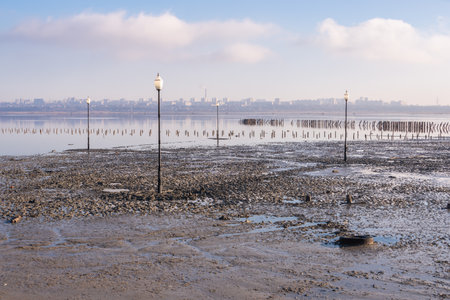 Installation on a Salty drying lake Kuyalnik near Odessa, Ukraine, on a cold winter morningの写真素材