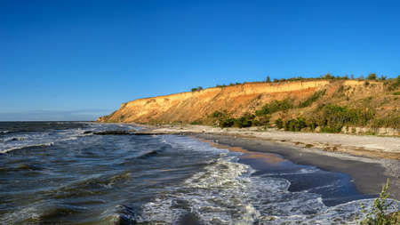 Black Sea coast of the resort village Morskoe, Odessa region, Ukraine, on a sunny spring day