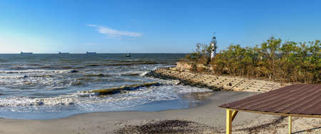 Black Sea coast of the resort village Morskoe, Odessa region, Ukraine, on a sunny spring dayの写真素材