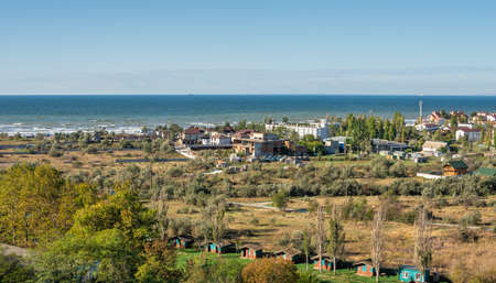 Panoramic top view of the Koblevo resort village near Odessa, Ukraine, on a sunny spring day