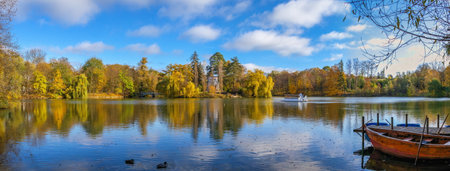 Upper Pond and Anti Circe Island in the Sofievsky arboretum or Sofiyivsky Park in Uman, Ukraine, on a sunny autumn dayの写真素材