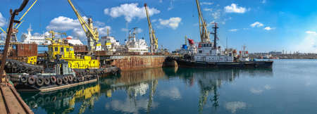 Chernomorsk, Ukraine. 03/21/2021. Tugboats in the Chernomorsk Shipyard on a sunny spring dayのeditorial素材