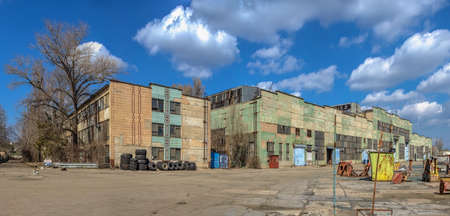 Chernomorsk, Ukraine. 03/21/2021. Factory workshops of the Chernomorsk Shipyard on a sunny spring dayのeditorial素材