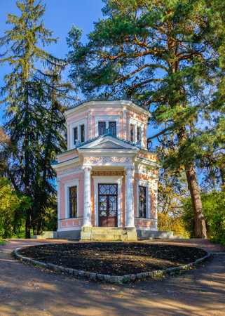 Pavilion on the island of anti Circe in the Sofievsky arboretum or Sofiyivsky Park in Uman, Ukraine, on a sunny autumn dayのeditorial素材