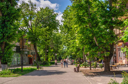 Kherson, Ukraine 12.09.2021. Alexander Suvorov pedestrian street in the center of Kherson, Ukraine, on a sunny summer dayのeditorial素材