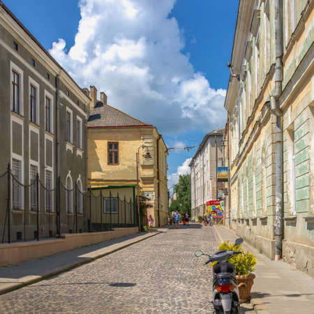 Zolochiv, Ukraine 06.07.2021. Main Pedestrian street of Zolochiv city in Lviv region of Ukraine, on a sunny summer dayのeditorial素材