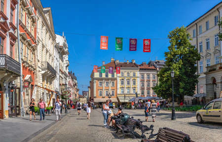 Lviv, Ukraine 07.07.2021. Market or Rynok square in the old town of Lviv, Ukraine, on a sunny summer dayのeditorial素材