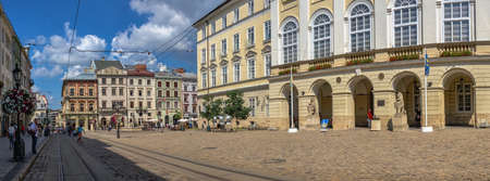 Lviv, Ukraine 07.07.2021. Market or Rynok square in the old town of Lviv, Ukraine, on a sunny summer dayのeditorial素材