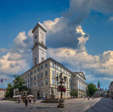 Lviv, Ukraine 07.07.2021. Town hall on the Market square of Lviv, Ukraine, on a sunny summer dayのeditorial素材