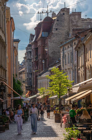 Lviv, Ukraine 07.07.2021. Street in the old town of Lviv, Ukraine, on a sunny summer dayのeditorial素材