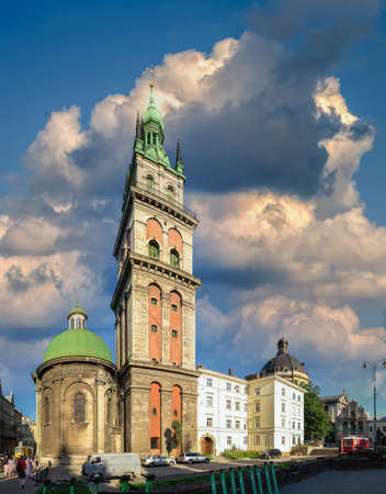 Lviv, Ukraine 07.07.2021. Church of the Assumption, Kornyakt Tower and the Chapel of the Three...