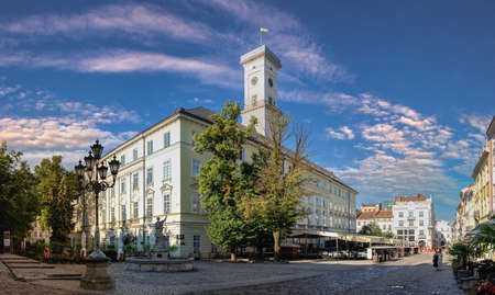 Lviv, Ukraine 07.07.2021. Town hall on the Market square of Lviv, Ukraine, on a sunny summer dayのeditorial素材