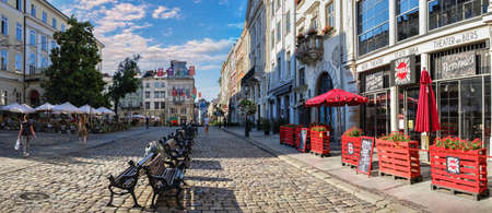 Lviv, Ukraine 07.07.2021. Street in the old town of Lviv, Ukraine, on a sunny summer morningのeditorial素材