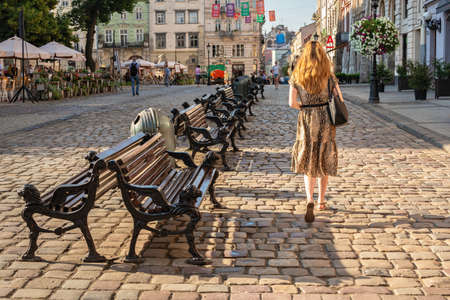 Lviv, Ukraine 07.07.2021. Market or Rynok square in the old town of Lviv, Ukraine, on a sunny summer morningのeditorial素材