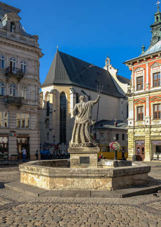 Lviv, Ukraine 07.07.2021. Market or Rynok square in the old town of Lviv, Ukraine, on a sunny summer morningのeditorial素材