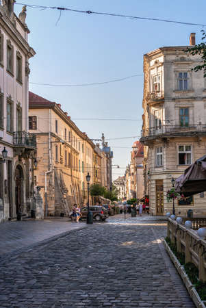Lviv, Ukraine 07.07.2021. Street in the old town of Lviv, Ukraine, on a sunny summer morningのeditorial素材