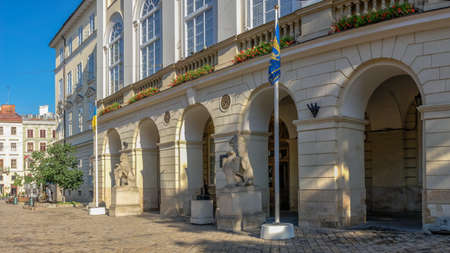 Lviv, Ukraine 07.07.2021. Town hall on the Market square of Lviv, Ukraine, on a sunny summer dayのeditorial素材