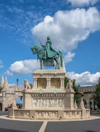 Budapest, Hungary 08/18/2021. Monument to St. Istvan on the upper town Buda in Budapest, Hungary, on...