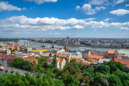 Budapest, Hungary 08/18/2021. Panoramic view of the Danube river and the embankment of Budapest,...