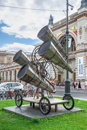 Budapest, Hungary 08/18/2021. 1917 airstrike filtration loudspeakers on the embankment of Budapest, Hungary, on a sunny summer dayのeditorial素材