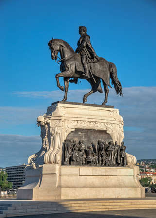 Budapest, Hungary 08/18/2021. Monument to Gyula Andrassy on the embankment of Pest in Budapest, Hungary, on a sunny summer morningのeditorial素材
