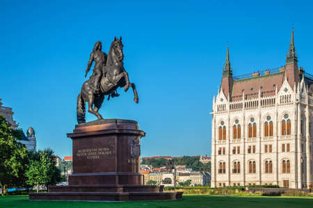 Budapest, Hungary 08/18/2021. Equestrian statue of Rakoczi Ferenc in Budapest, Hungary, on a sunny summer morningのeditorial素材