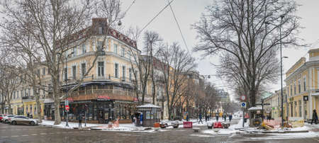 Odessa, Ukraine 01/30/2022. Snowy winter day in Odessa, Ukraine. Deribasovskaya street.のeditorial素材