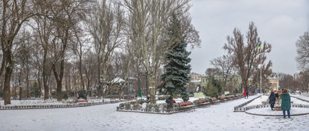 Odessa, Ukraine 01/30/2022. Snowy winter day in Odessa, Ukraine. Deribasovskaya street.のeditorial素材